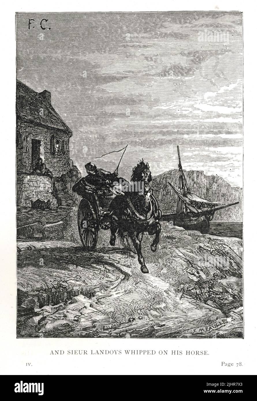 Sieur Landoys chiede a Gilliatt: 'È stato, infatti, Sieur Landoys, che stava passando lungo la strada [...] "C'è notizia, Gilliatt." [...] ' Cosa vuoi dire?' "Vai a casa e imparerai." E Sieur Landoys si frustò sul suo cavallo." Prima parte, Libro IV, capitolo VII. Illustrazione di un set di 56 incisioni pubblicato nell'edizione inglese di 'Les Travailleurs de la Mer', di Victor Hugo, pubblicato nel 1869 da Sampson Low, Son and Marston. Illustrator: Lessin. Incisore: Fortuné Méaulle. Foto Stock