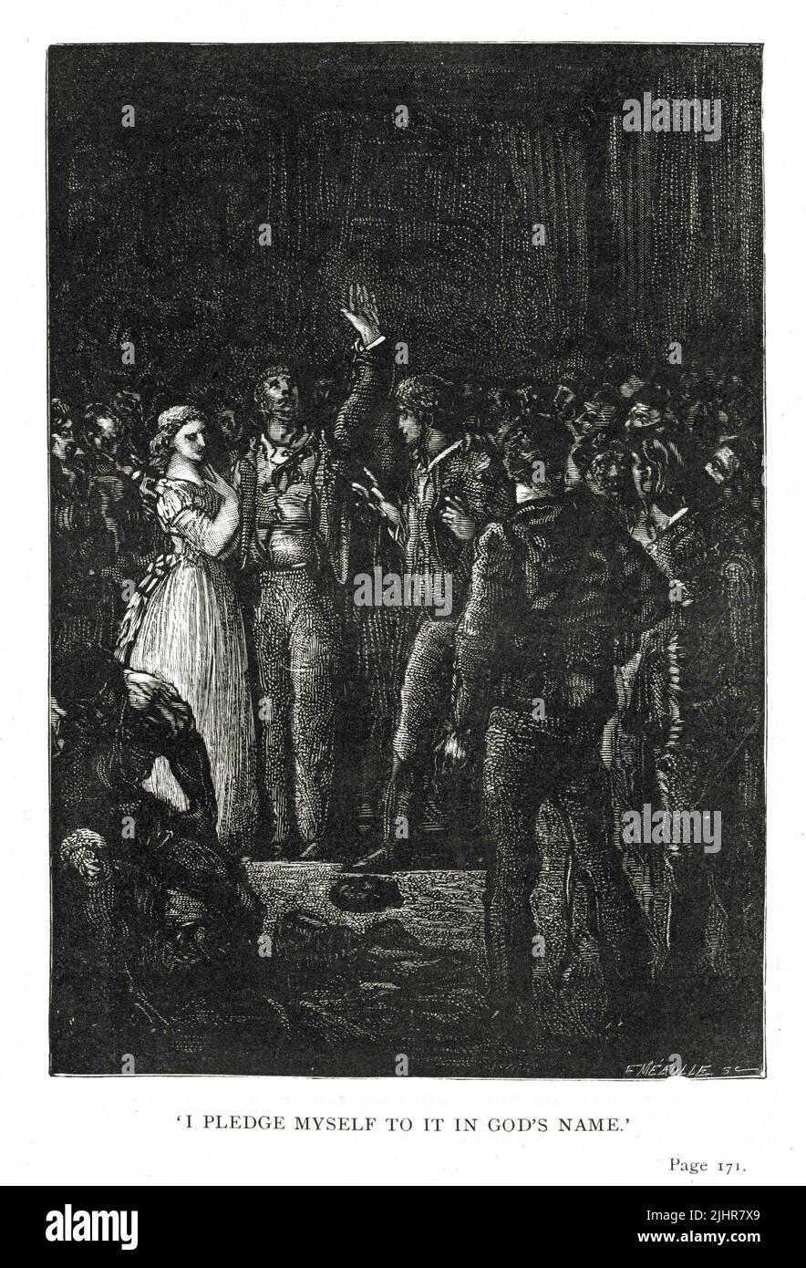La promessa di Mess Lethierry: 'Egli tolse il cappello del marinaio e lo gettò a terra; poi guardò solennemente davanti a Himn, e senza vedere nessuna delle persone presenti, disse: 'Déruchette dovrebbe essere sua. Mi impegno ad essa in nome di Dio." Prima parte, libro VII, capitolo I. illustrazione da un set di 56 incisioni pubblicato nell'edizione inglese di 'Les Travailleurs de la Mer', di Victor Hugo, pubblicato nel 1869 da Sampson Low, Son and Marston. Illustrator: Lessin. Incisore: Fortuné Méaulle. Foto Stock