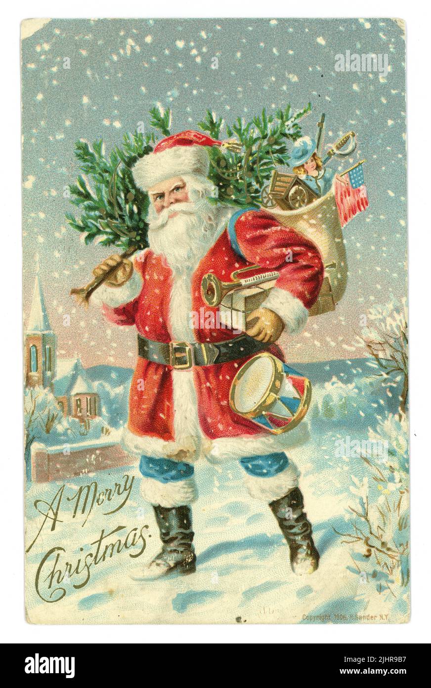 Originale cartolina natalizia americana dei primi anni '1900 con Babbo Natale tipico che offre un sacco di giocattoli per i bambini. E' un Babbo Natale patriottico, visto che c'e' la bandiera americana nel suo sacco. Tessera vittoriana Chrismas. Ha in mano un albero di Natale, pubblicato / datato dicembre 1907 - inviato dagli Stati Uniti a un indirizzo nel Regno Unito Foto Stock