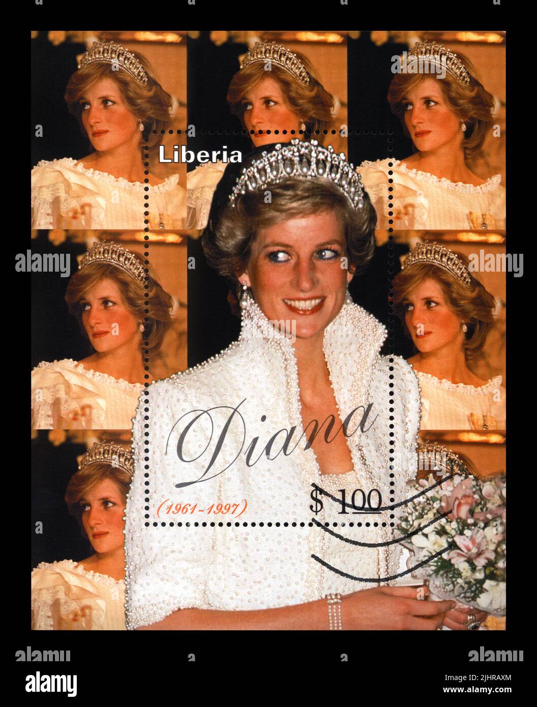 principessa Diana. Timbro cancellato stampato in Liberia dedicato alla memoria di Lady di. timbro postale vintage isolato su nero Foto Stock