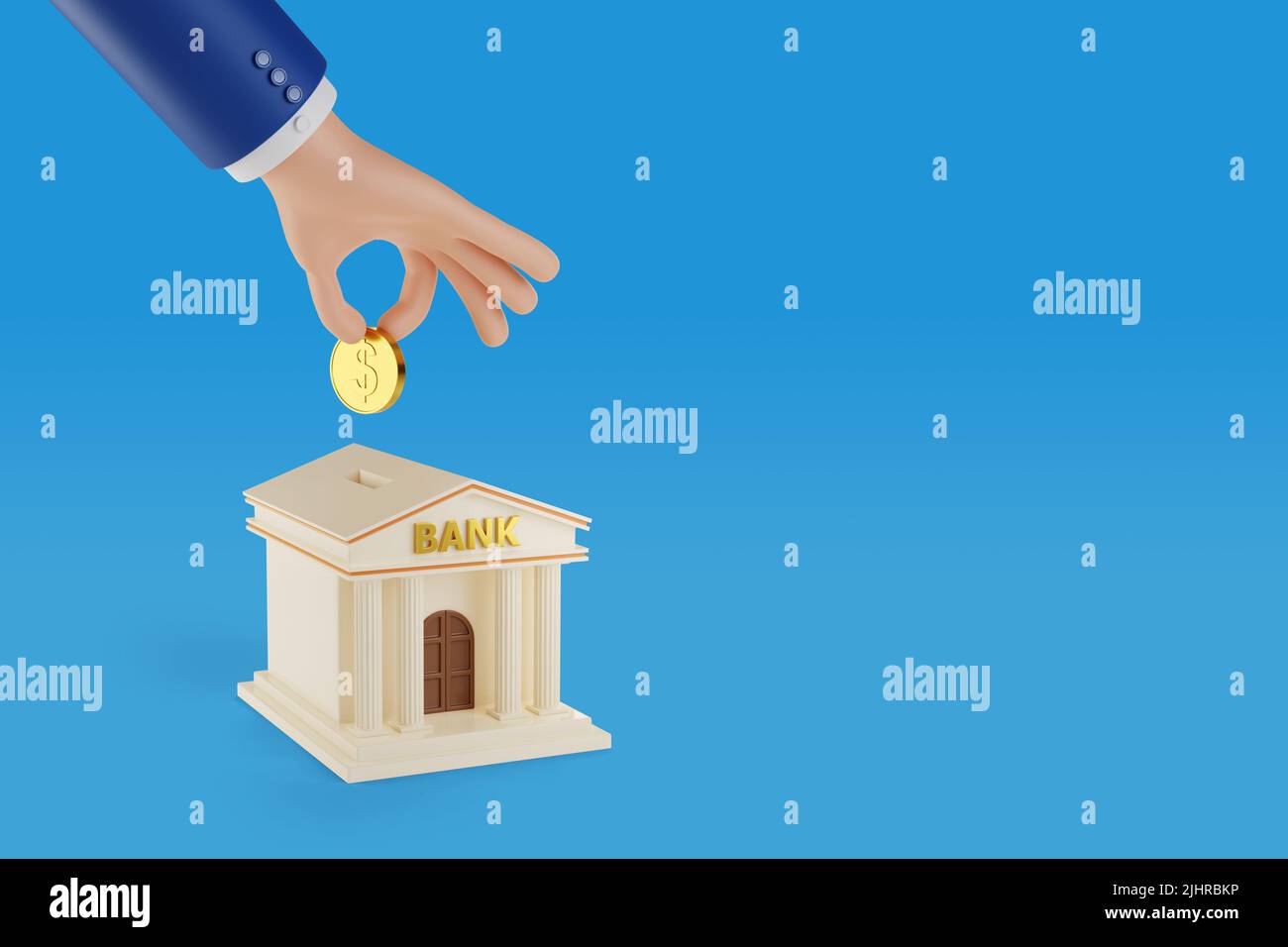 Cartoon mano mettere una moneta in una scatola di denaro a forma di un edificio banca con spazio copia. 3d illustrazione. Foto Stock