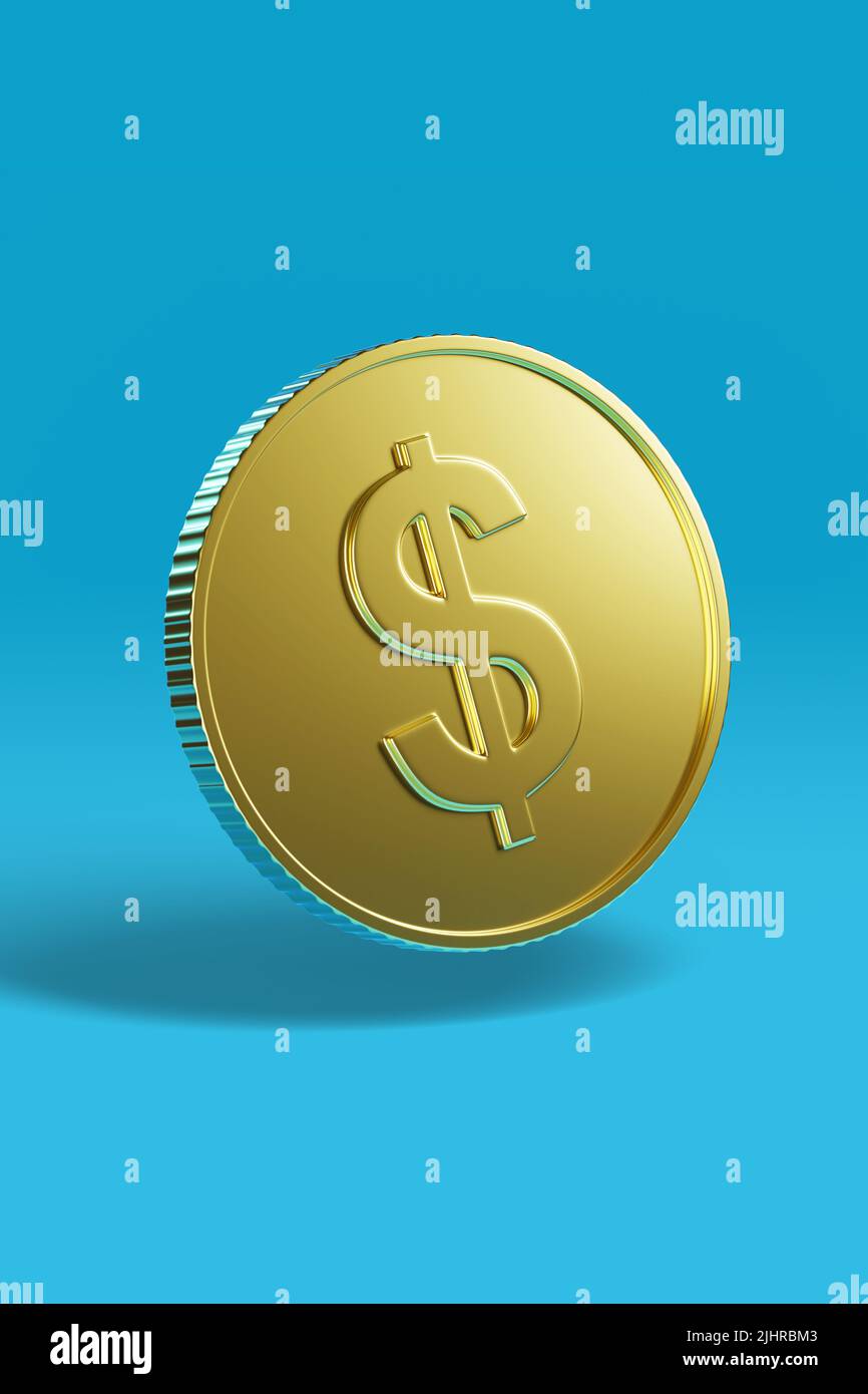 Moneta d'oro con simbolo del dollaro isolato su sfondo blu. 3d illustrazione. Foto Stock