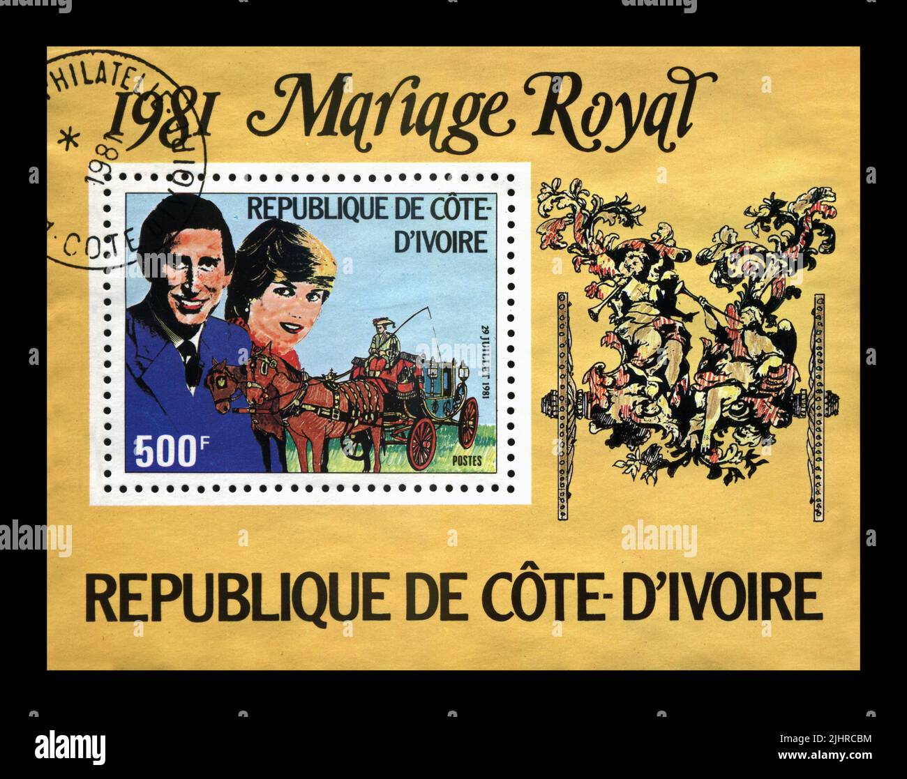 Matrimonio di Lady Diana Spencer e Principe Charles.canceled francobollo di Costa d'Avorio isolato su nero Foto Stock