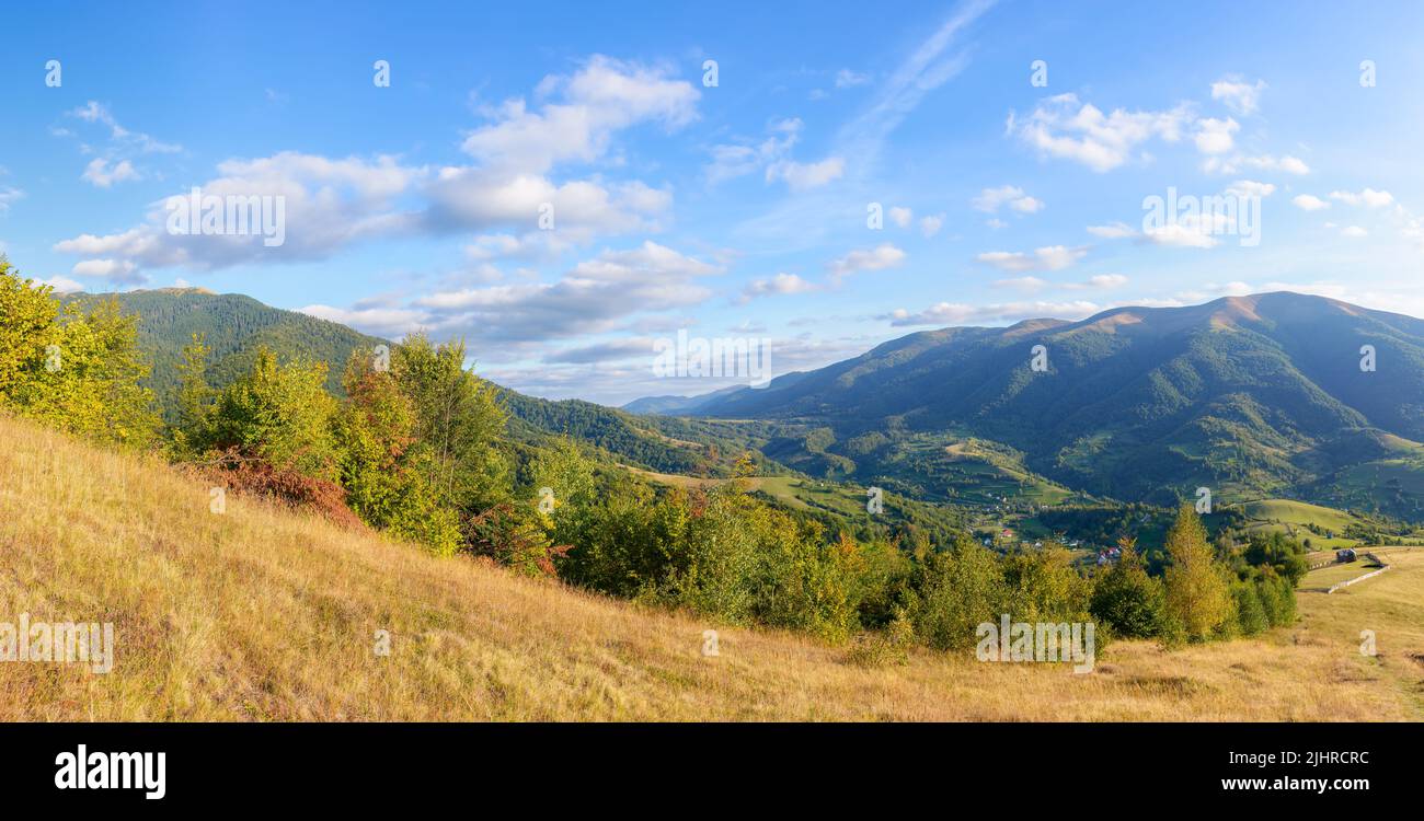 paesaggio di campagna carpathiana alla luce della sera. bellissimo paesaggio di montagna in autunno. prati erbosi e colline boscose. valle rurale in distano Foto Stock