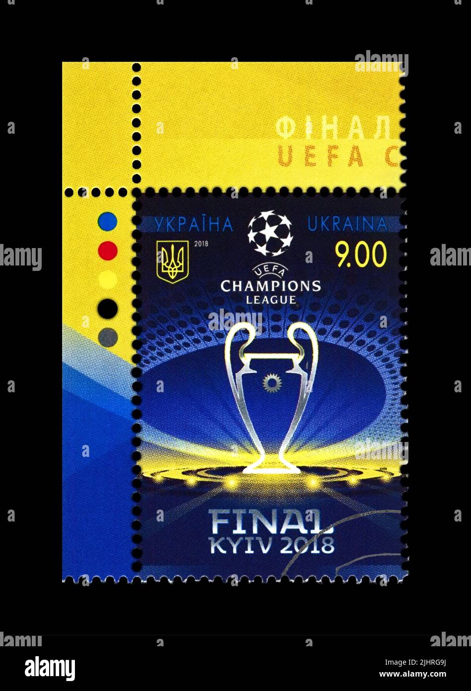 UEFA Champions League Final 2018 CUP, timbro postale annullato stampato in Ucraina, Kiev, Ucraina. Foto Stock