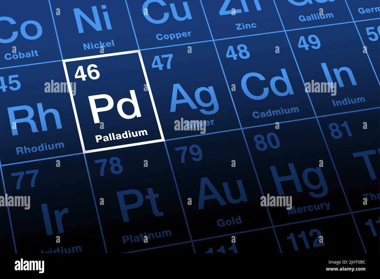 Palladio su tavola periodica degli elementi. Metallo raro, che prende il nome dall'asteroide Pallas, con il simbolo dell'elemento Pd e il numero atomico 46. Foto Stock