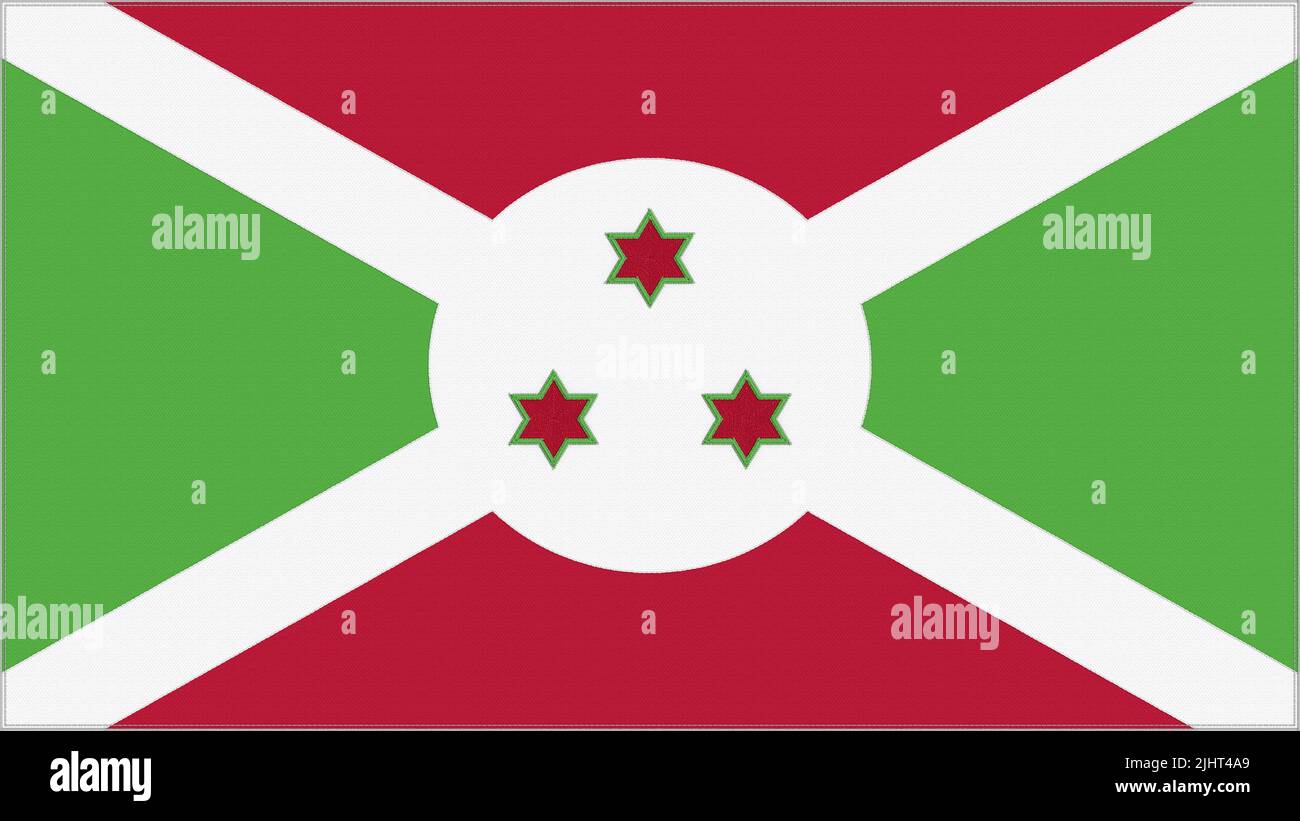 Bandiera Burundi ricamo. Tessuto con impunture burundesi. Stemma ricamato. Simbolo del paese sfondo tessile. Foto Stock