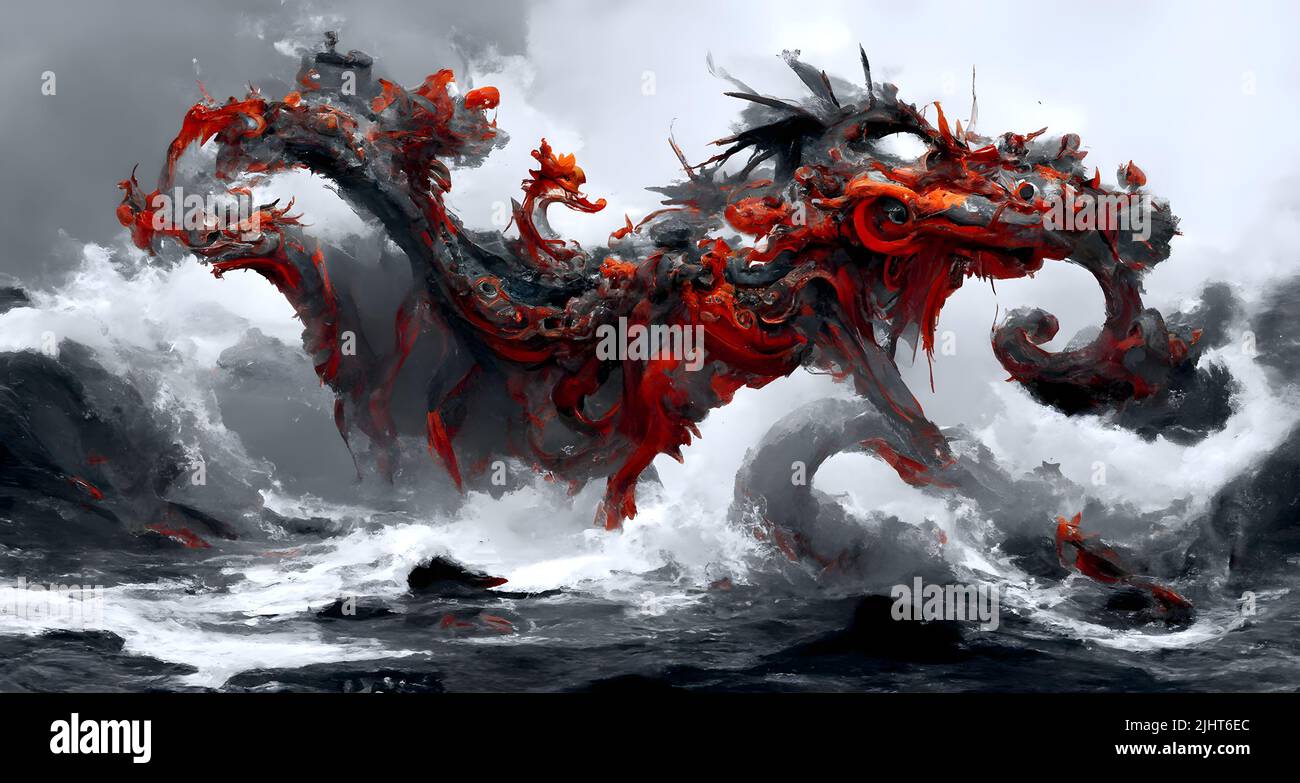 Un drago nero-rosso e le onde illustrazione d'arte in uno stile astratto Foto Stock