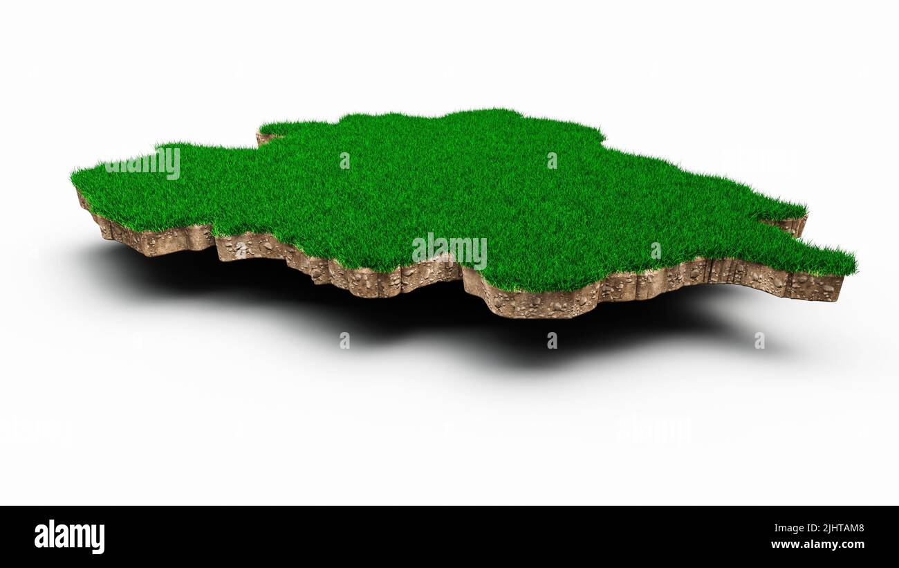 Un'illustrazione del 3D di una mappa di Andorra con erba verde e pietra macinata texture Foto Stock