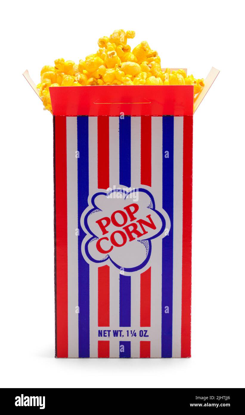 Retro scatola di Popcorn Cut out su bianco. Foto Stock
