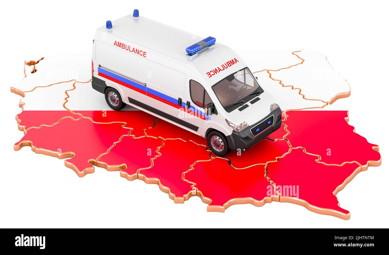 Servizi medici di emergenza in Polonia. Van dell'ambulanza sulla mappa polacca. 3D rendering isolato su sfondo bianco Foto Stock