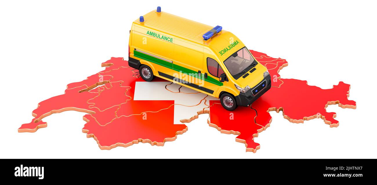 Servizi medici di emergenza in Svizzera. Van dell'ambulanza sulla mappa svizzera. 3D rendering isolato su sfondo bianco Foto Stock