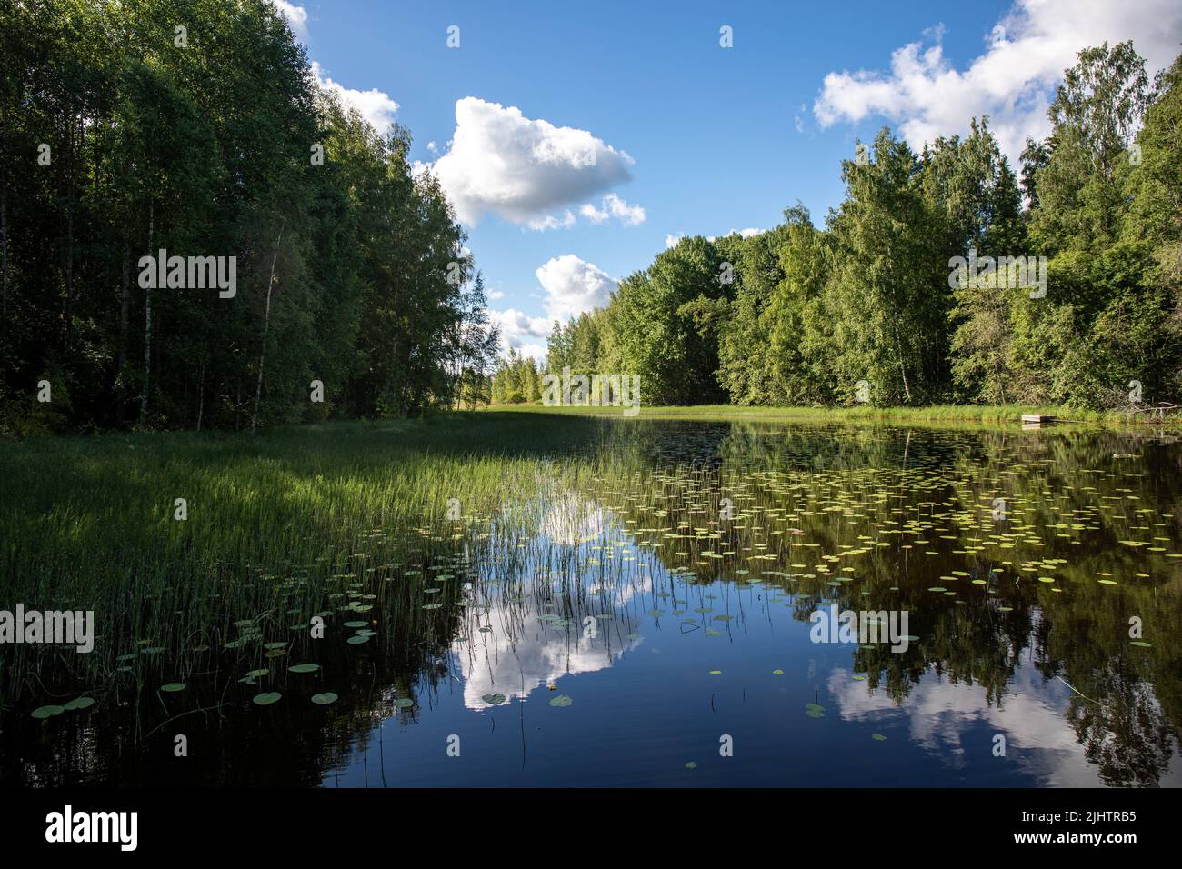 Cielo che si riflette dal sereno lago di Orivesi, Finlandia Foto Stock
