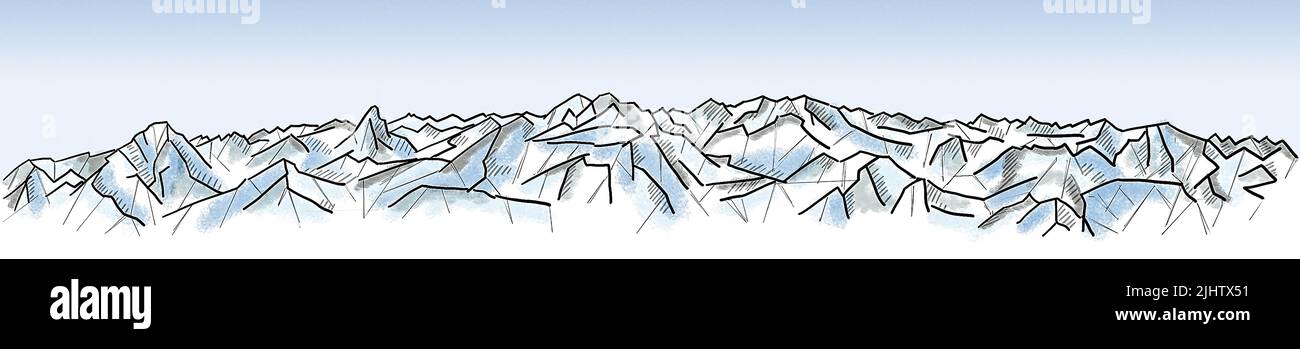 Rilievi, catena montuosa, disegno stilizzato. Silhouette di montagne e formazioni rocciose. Pennellate, montagne innevate, clima e tempera Foto Stock