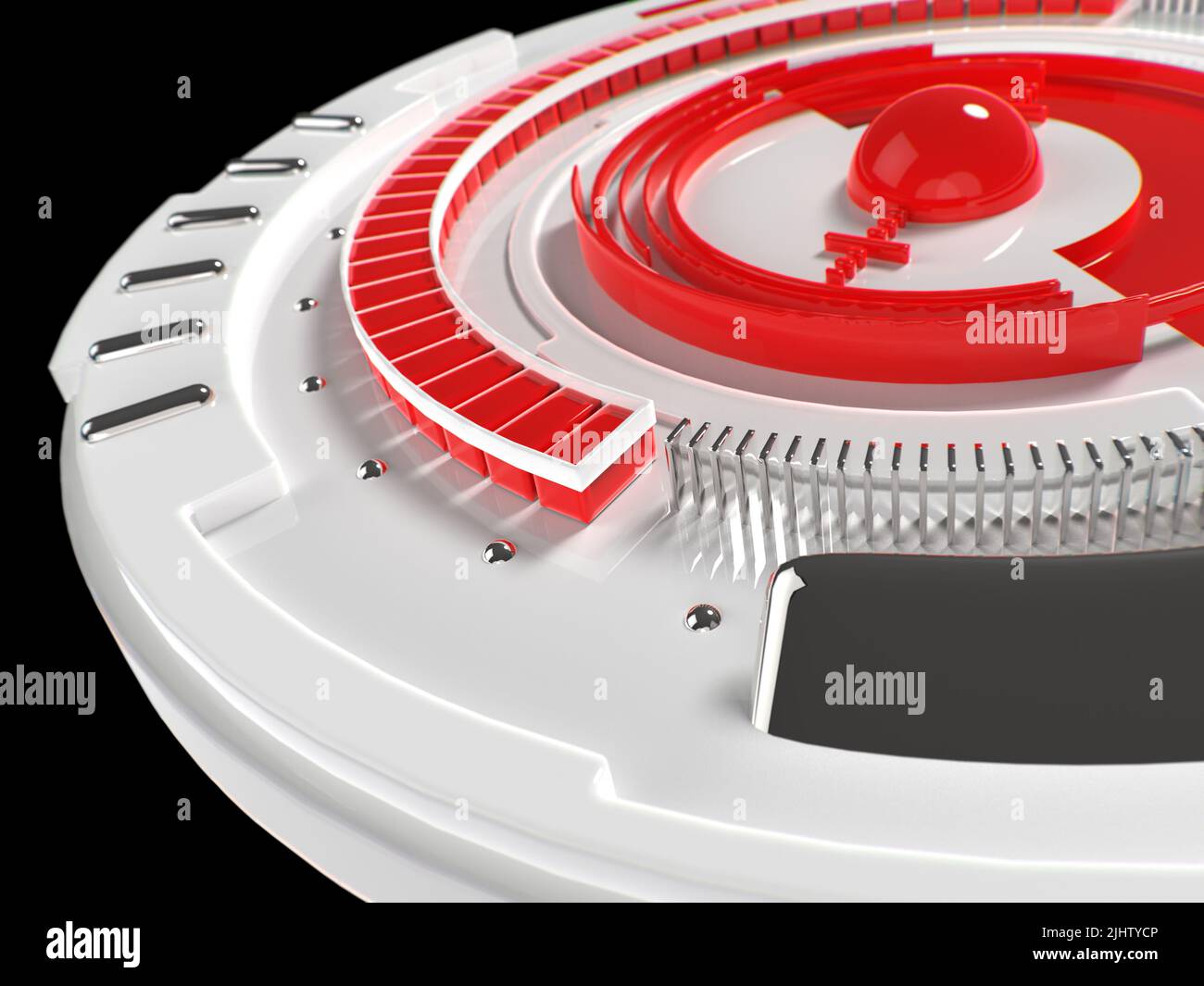 Abstract 3D disegno industriale forma circolare. Pannello di controllo dell'interfaccia utente futuristica. Parti in plastica e metallo lucide rosse e bianche. 3d visualizzazione illu Foto Stock
