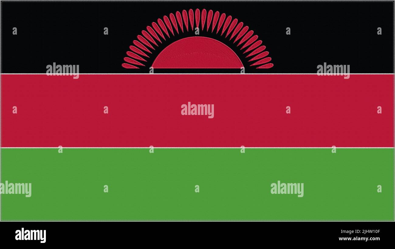 Bandiera da ricamo Malawi. Tessuto con impunture Malawiani. Stemma ricamato. Simbolo del paese sfondo tessile. Foto Stock