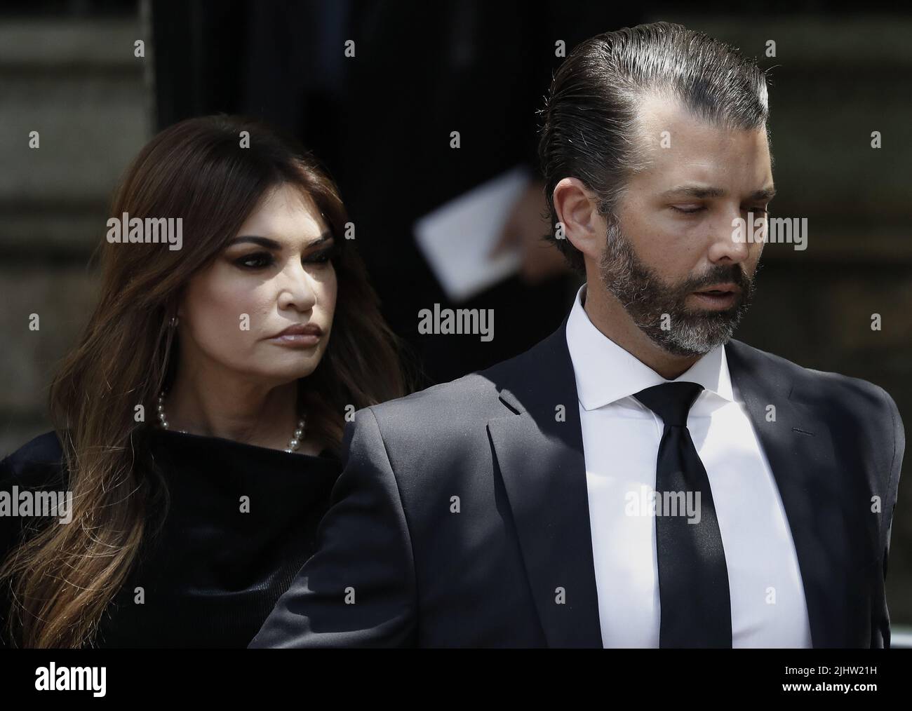 New York, Stati Uniti. 20th luglio 2022. Right Donald Trump e la sua ragazza Kimberly Guilfoyle arrivano per il funerale di Ivana Trump, la prima moglie dell’ex presidente Donald Trump, mercoledì 20 luglio 2019 a New York City. Foto di Peter Foley/UPI Credit: UPI/Alamy Live News Foto Stock