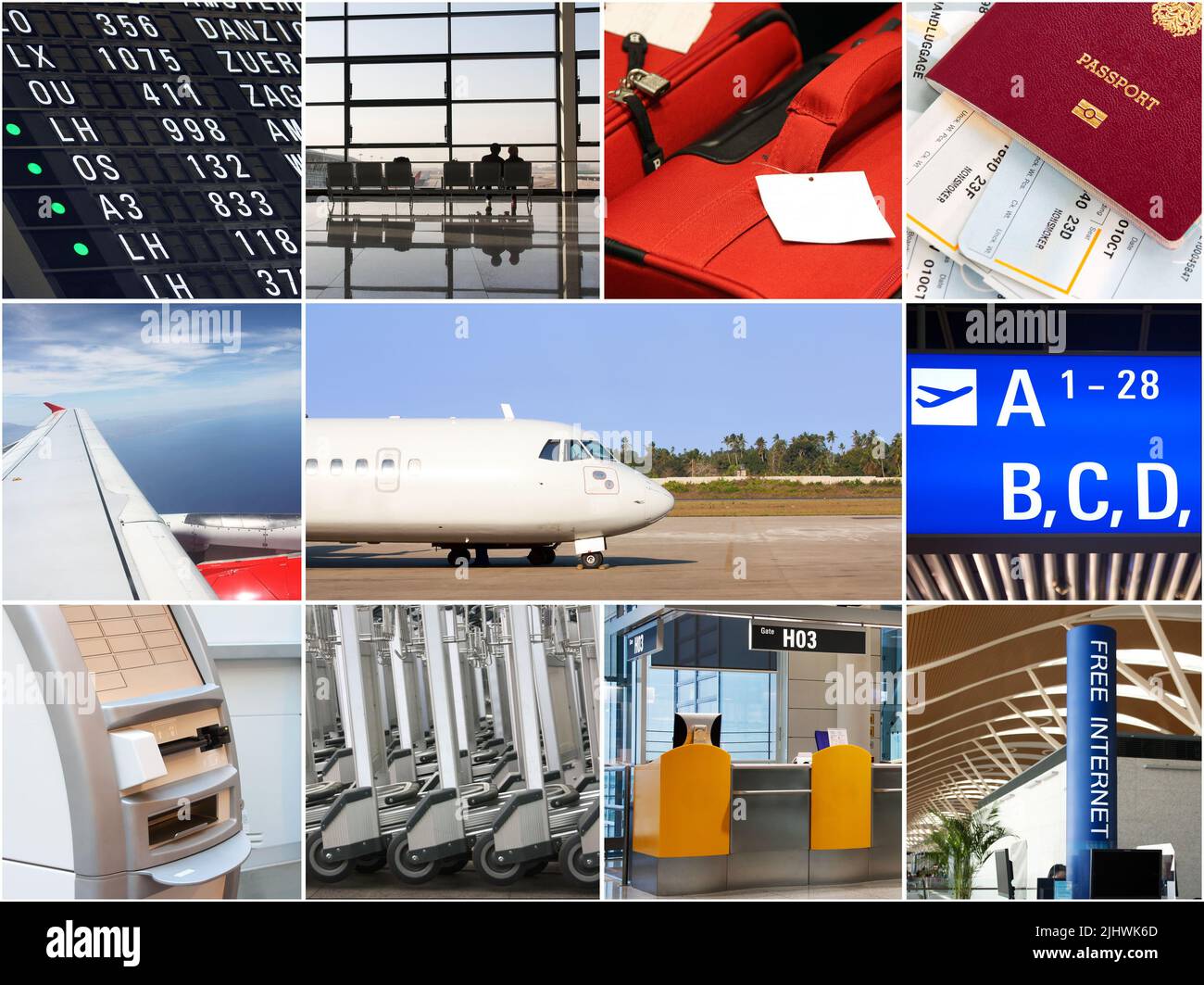 Collage di viaggio aereo con mezzi di trasporto correlati Foto Stock