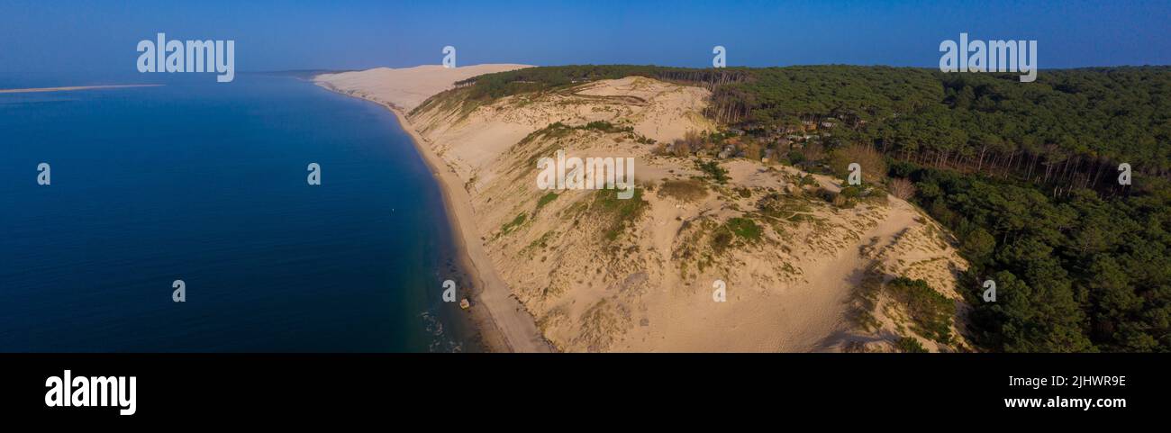 FRANCIA. GIRONDA (33) BACINO DI ARCACHON, VEDUTA AEREA DI TESTE DE BUCH, PYLA-SUR-MER, DUNE DU PILAT. AREA FORESTALE CHE PER LO PIÙ BRUCIARONO NEL LUGLIO 2022 Foto Stock