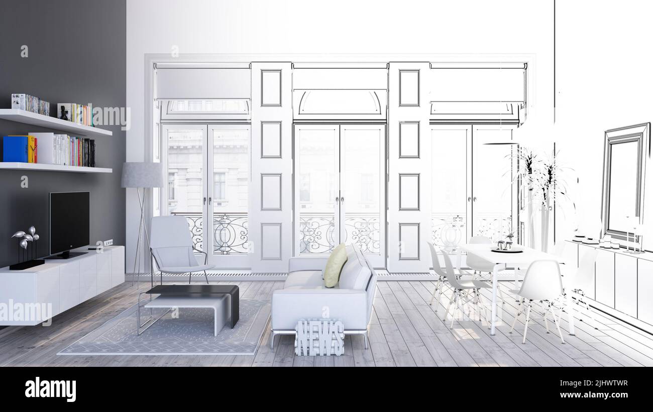 Le linee di disegno disegnano in modo realistico, 3D rendering del moderno design degli interni del salotto con rendering realistico e visualizzazione a reticolo e architettonica Foto Stock