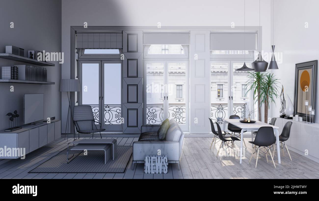 3D rendering del design moderno del soggiorno con rendering realistico e struttura a reticolo, disegno di linee di schizzo per una visualizzazione realistica Foto Stock