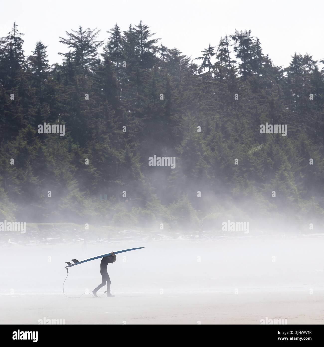 Giovane surfista con surf nella nebbia, Chesterman Beach, Tofino, Vancouver Island, British Columbia, Canada. Foto Stock