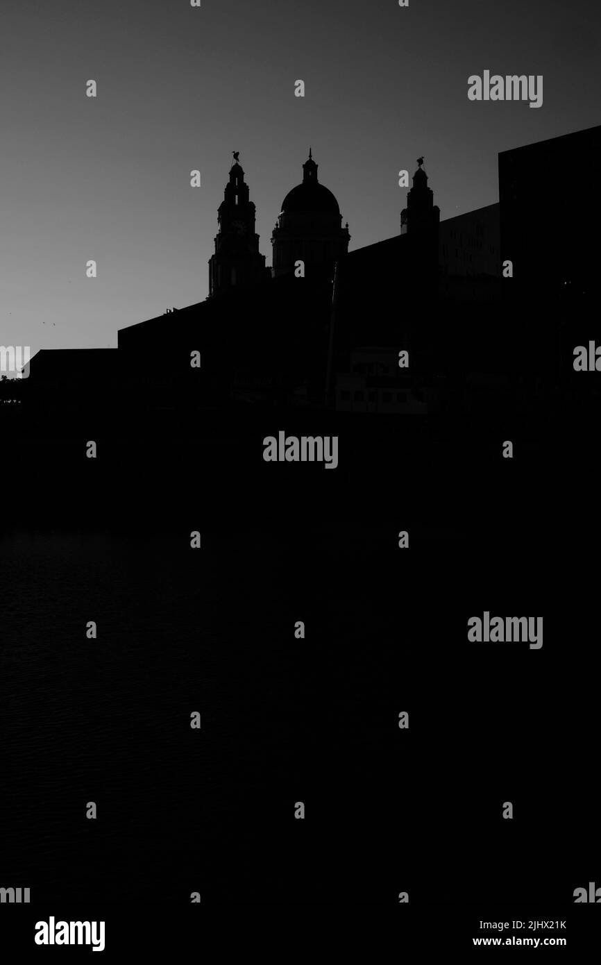 Il Royal Liver Building in Silhouette - versione in bianco e nero Foto Stock