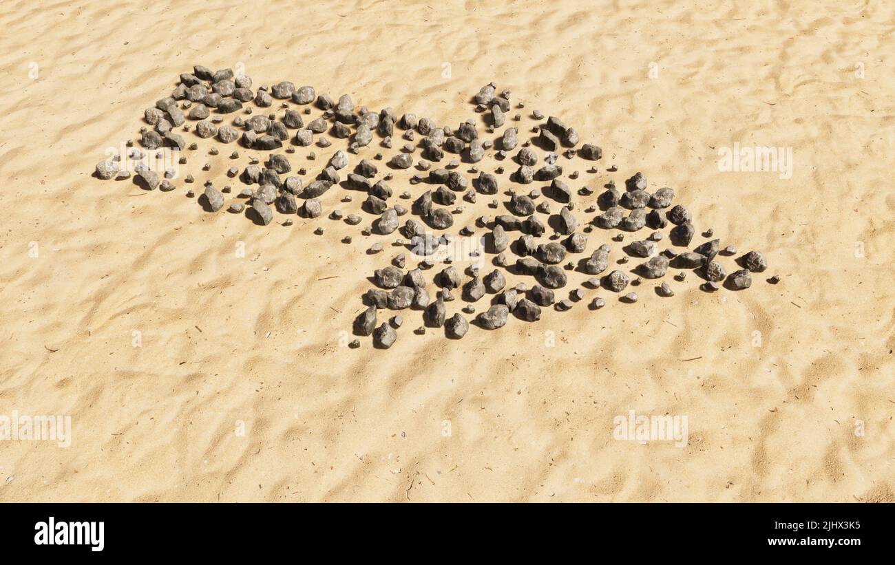 Concept pietre concettuali sulla spiaggia sabbia simbolo forma fatta a mano, sfondo di sabbia dorata, segnaletica stradale. 3d metafora di illustrazione per la navigazione, strategia Foto Stock