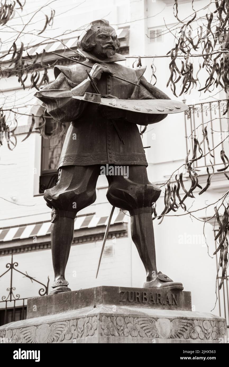 Statua del pittore Francisco de Zurbaran, 1598 - 1664 dello scultore spagnolo Aurelio Cabrera Gallardo, 1870 - 1936, in Plaza de Pilatos, Siviglia, Spagna. T Foto Stock