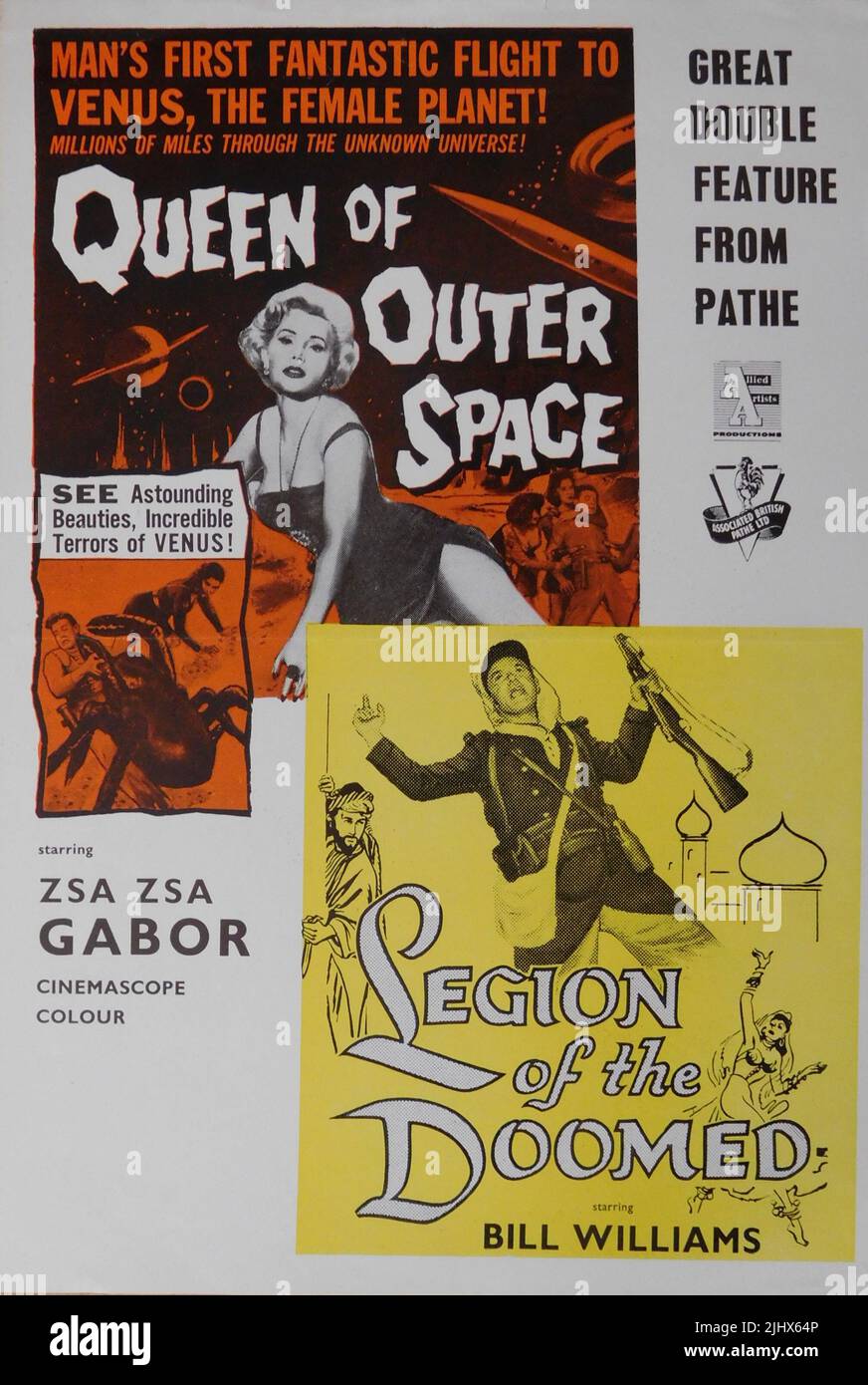 Annuncio commerciale britannico per il 1959 Double Feature ZSA ZSA GABOR IN REGINA DELLO SPAZIO ESTERNO 1958 regista EDWARD BERNDS storia ben Hecht e BILL WILLIAMS in LEGION DEL 1958 IL REGISTA CONDANNATO Thor L. Brooks Allied Artists Pictures / Associated British-Pathe Foto Stock