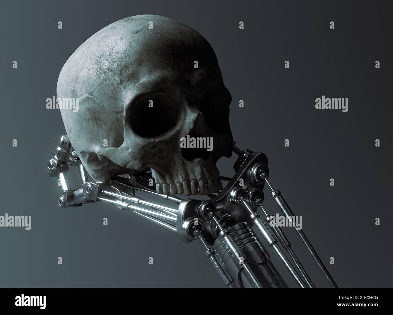 Un concetto futuristico di una mano meccanica robotica in metallo che tiene in mano e analizza un cranio umano su uno sfondo oscuro e ominoso - 3D rendering Foto Stock