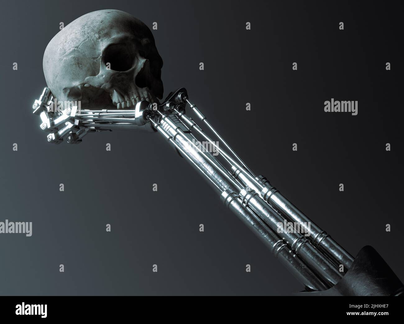 Un concetto futuristico di una mano meccanica robotica in metallo che tiene in mano e analizza un cranio umano su uno sfondo oscuro e ominoso - 3D rendering Foto Stock