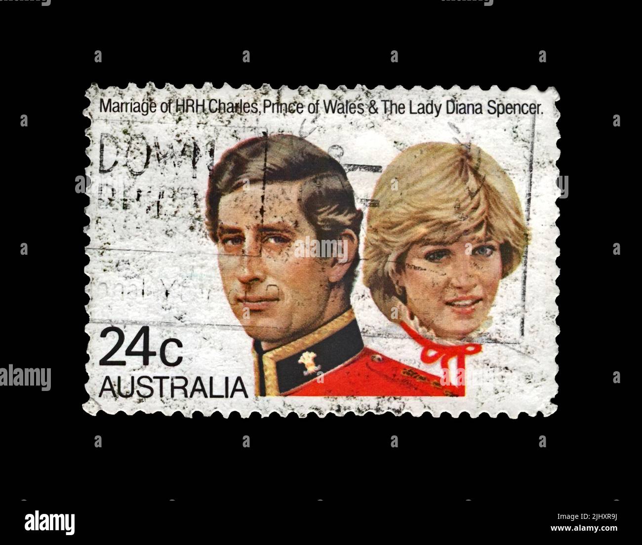 Francobollo cancellato stampato in Australia mostra il matrimonio di Lady Diana Spencer e Principe Carlo, circa 1981. Foto Stock