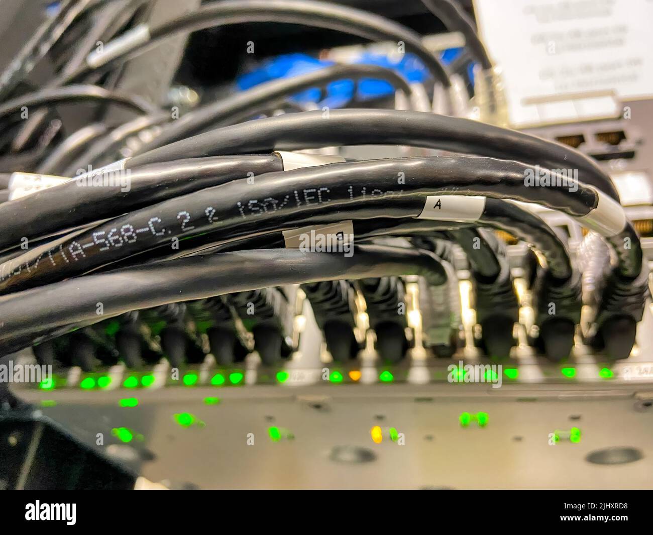 Cavi Ethernet collegati alle apparecchiature di rete con luci verdi nel data center Foto Stock