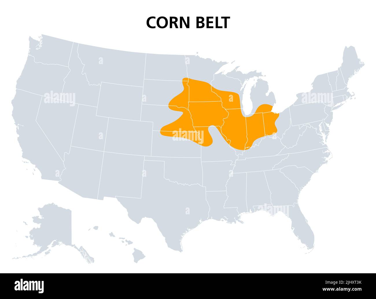 Cinghia del mais degli Stati Uniti, mappa politica. La regione del Midwest americano dove il mais è la coltura dominante. Foto Stock