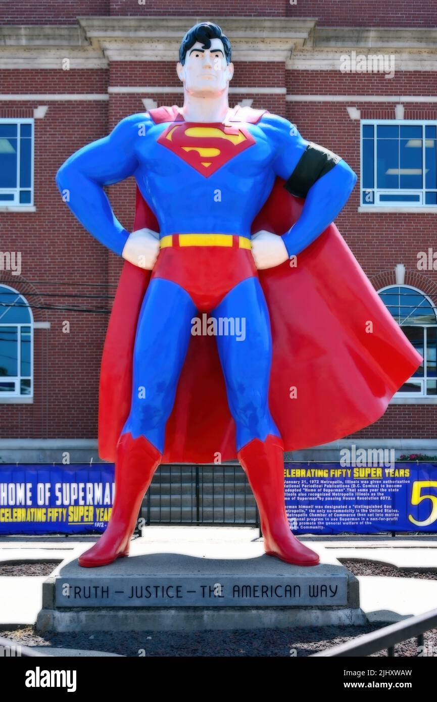 Statua di Superman nel quartiere storico di Metropolis, Illinois, Stati Uniti d'America Foto Stock