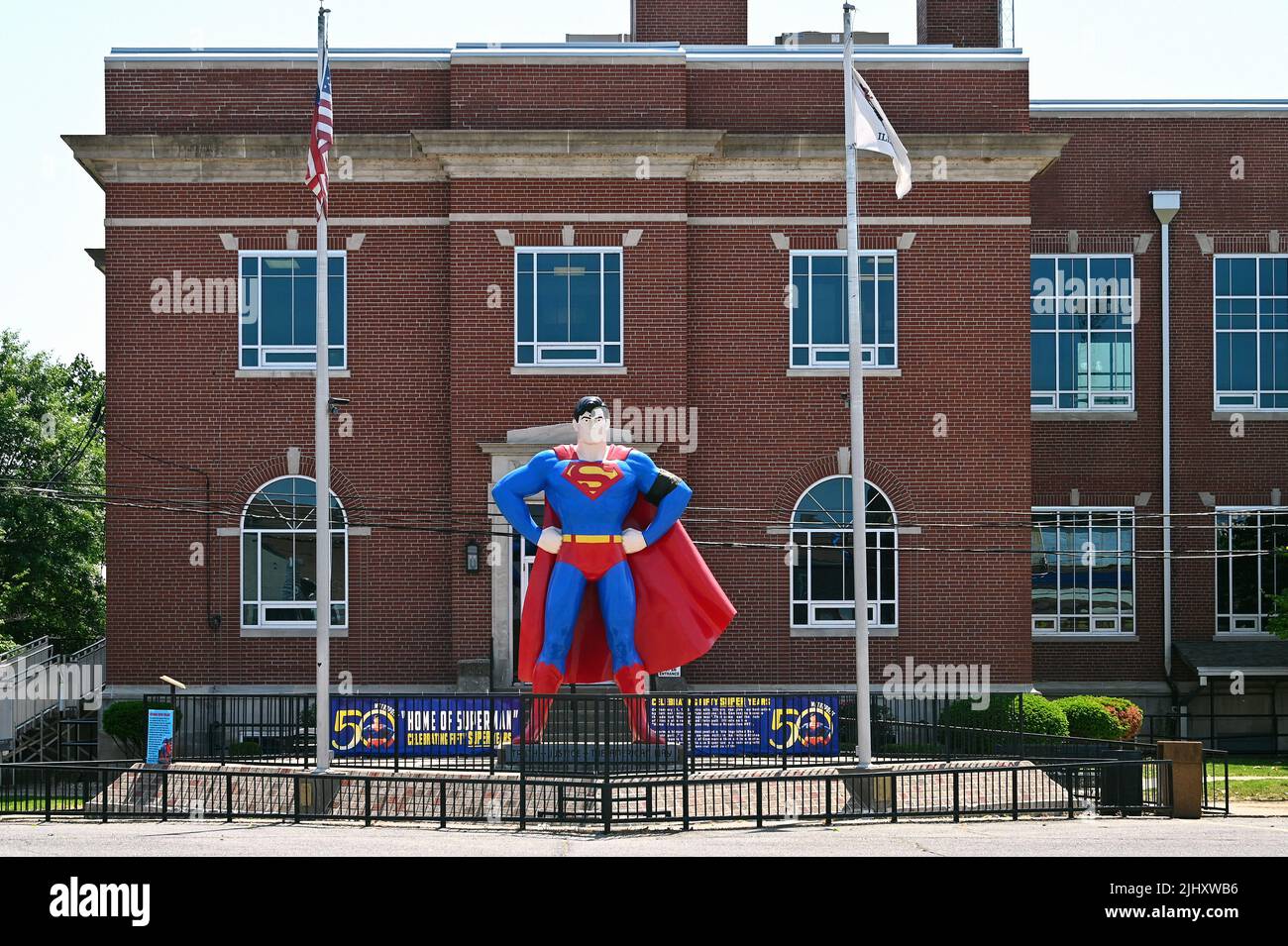Statua di Superman nel quartiere storico di Metropolis, Illinois, Stati Uniti d'America Foto Stock