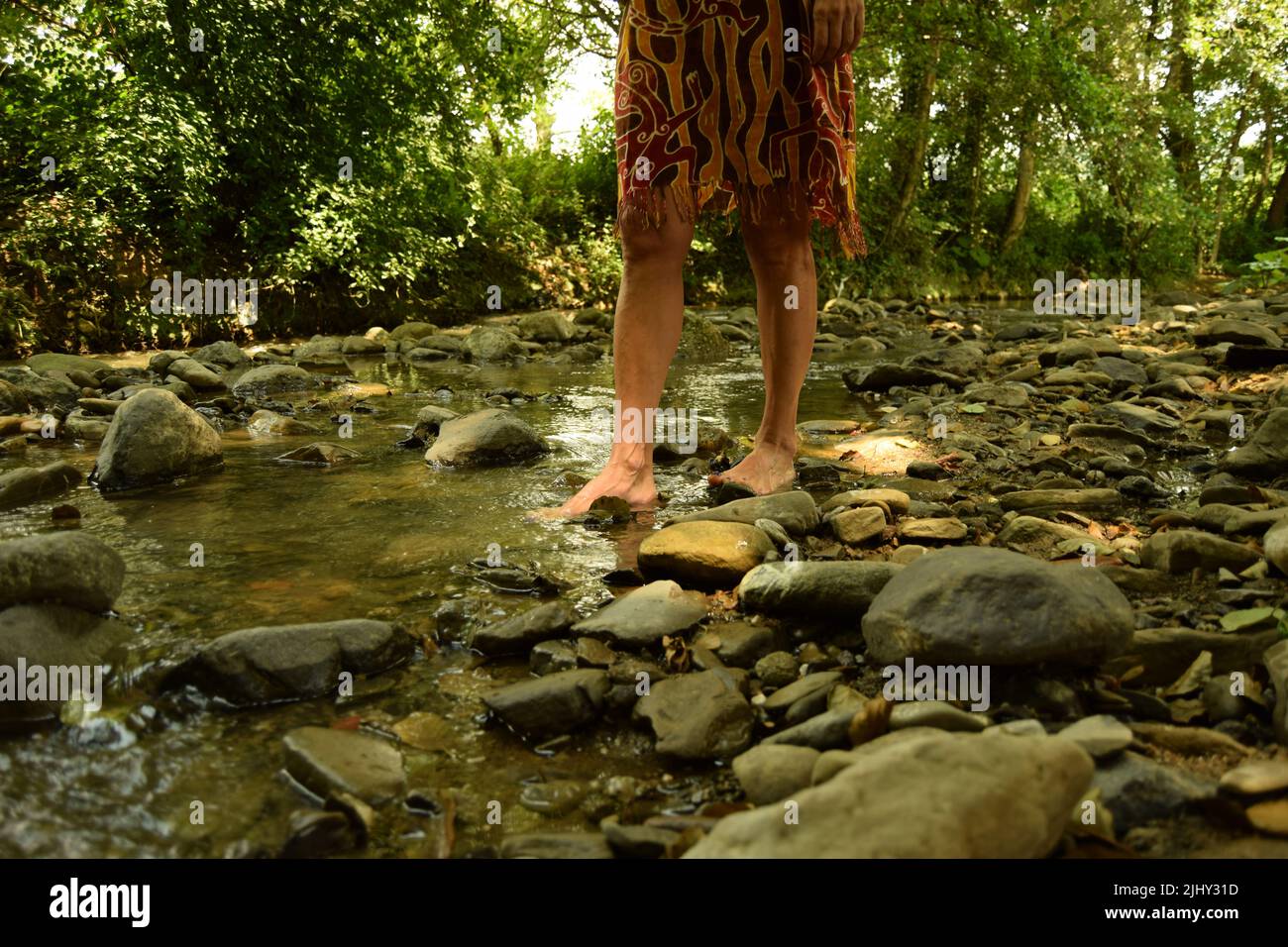 Una donna a piedi nudi che cammina in un'acqua pulita di ruscello con rocce e pietre intorno ai suoi piedi, tra il verde, nelle tonalità degli alberi in una giornata di sole Foto Stock