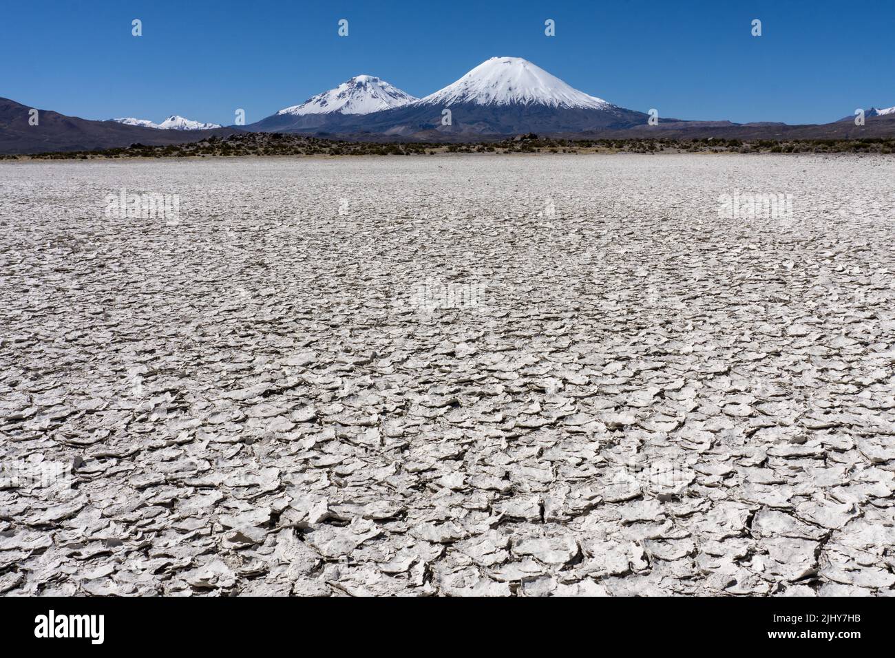 Un piatto di fango secco di fronte al Parinacota e Pomerape Volcanos, il Nevados de Payachatas, nel Parco Nazionale Lauca in Cile. Foto Stock