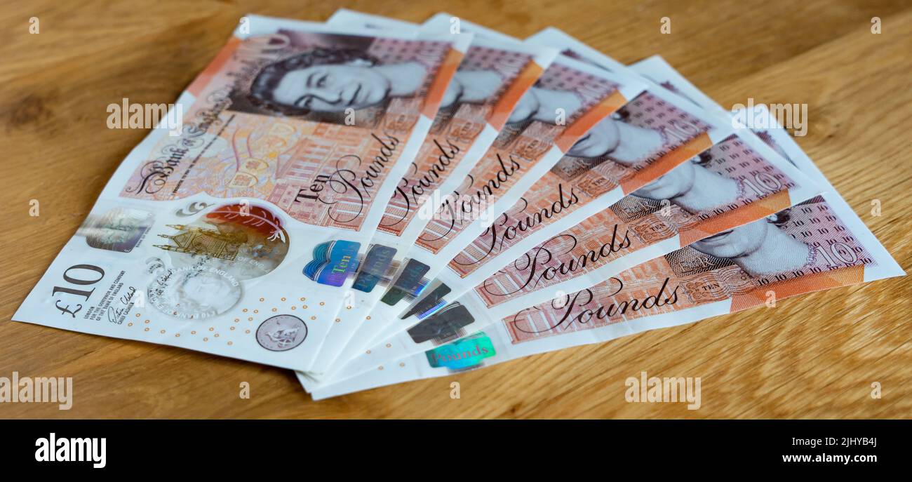 £10 libbra banconote in valuta britannica banconote in denaro cumulo di contanti Foto Stock