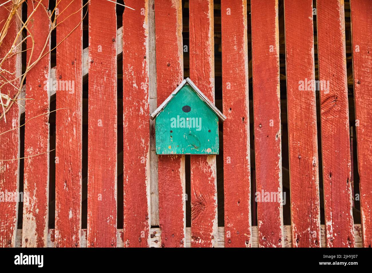 Birdhouse turchese sul lato rosso palafoso di barnwood Foto Stock