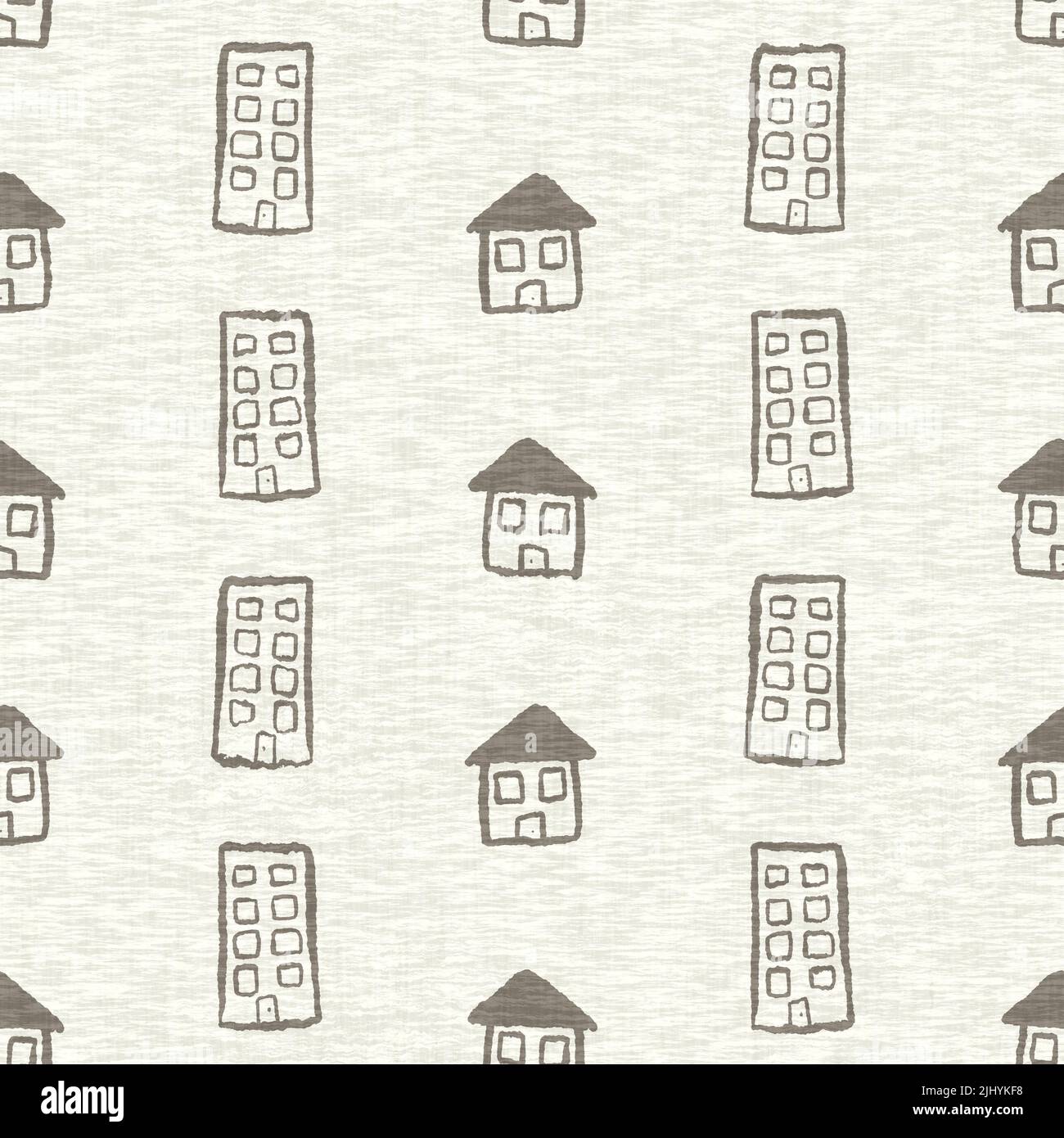 Mano disegnato Doodle casa lino effetto texture pattern. Stampa decorativa in tessuto grigio naturale senza cuciture per carta da parati in tela. Foto Stock