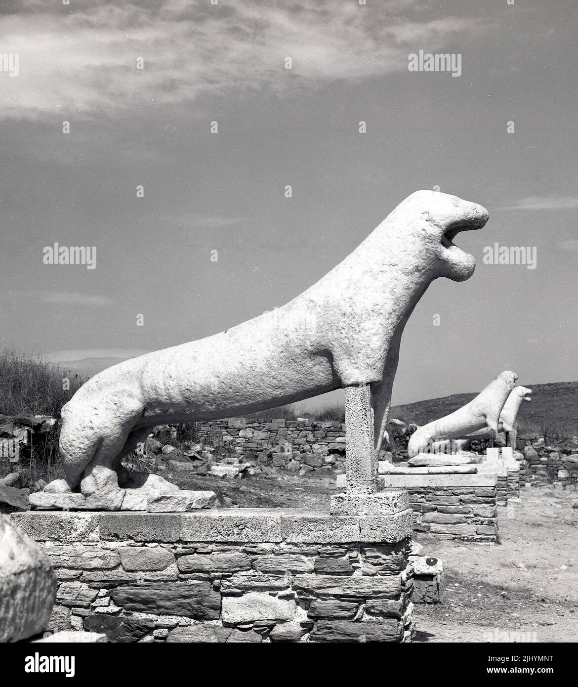 1969, statue di leoni, custodire la zona del Lago Sacro, Delos, Mykonos, Grecia, un luogo di storia antica che risale al culto di Apollo e Artemis. Foto Stock