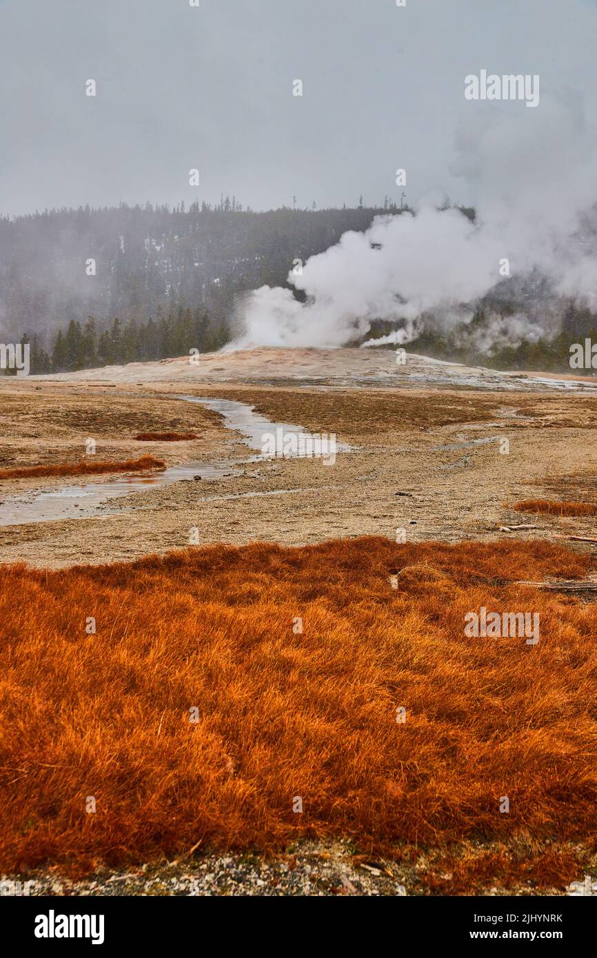 Inverno di Yellowstone a vapore vecchio fedele Foto Stock