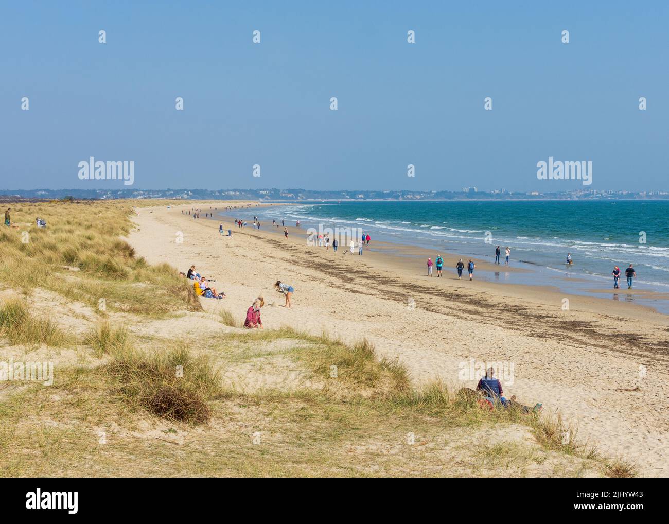 Persone che si godono Knoll Beach durante una giornata di primavera sulla costa meridionale dell'Inghilterra. Foto Stock