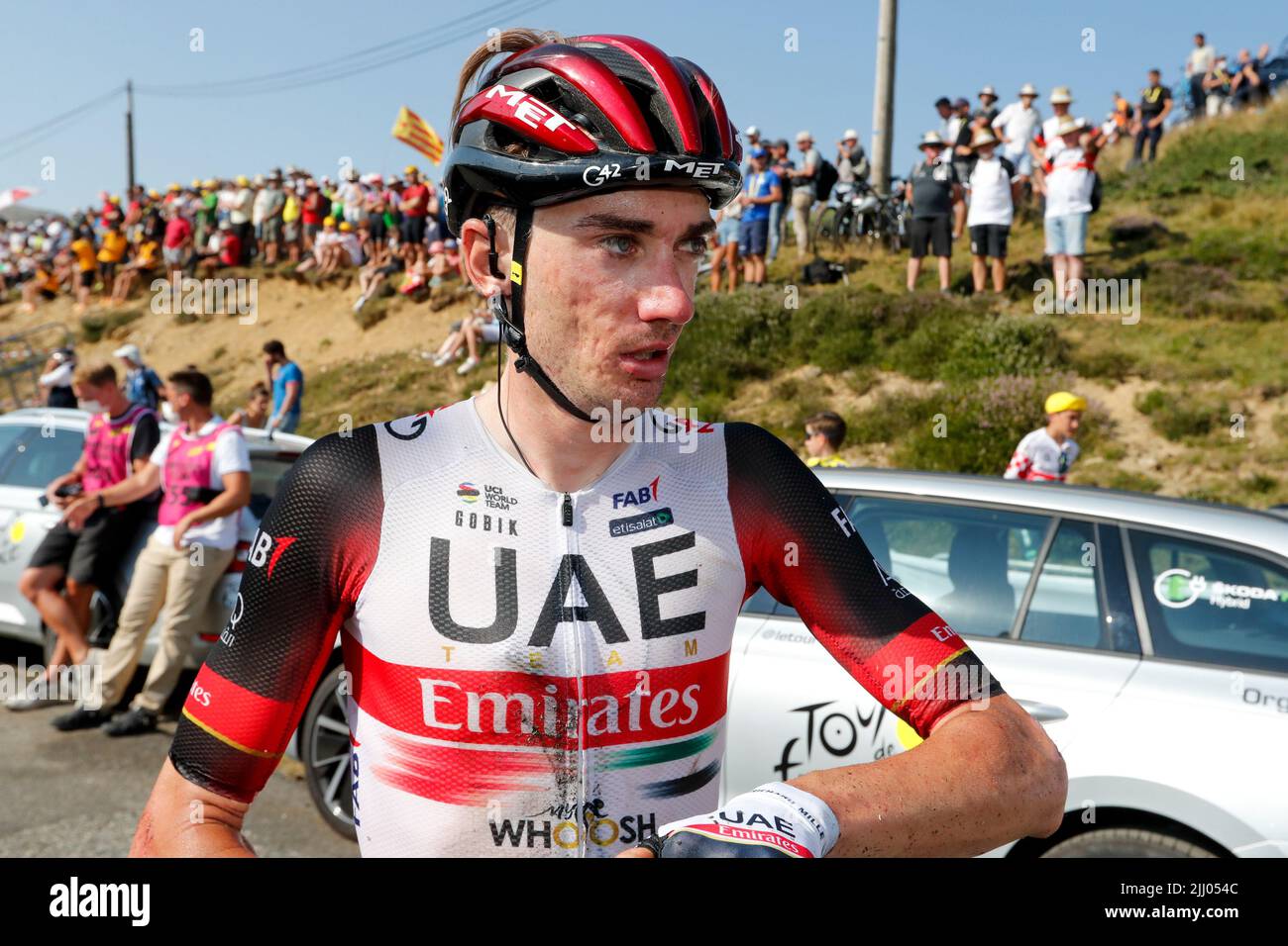 US Brandon McNulty del team Emirates UAE, ritratto dopo la tappa 18 della gara ciclistica Tour de France, da Lourdes ad Hautacam (143km), Francia, giovedì 21 luglio 2022. Il Tour de France di quest'anno si svolge dal 01 al 24 luglio 2022. BELGA PHOTO POOL COR VOS / TIM VAN WICHELEN - UK OUT Foto Stock