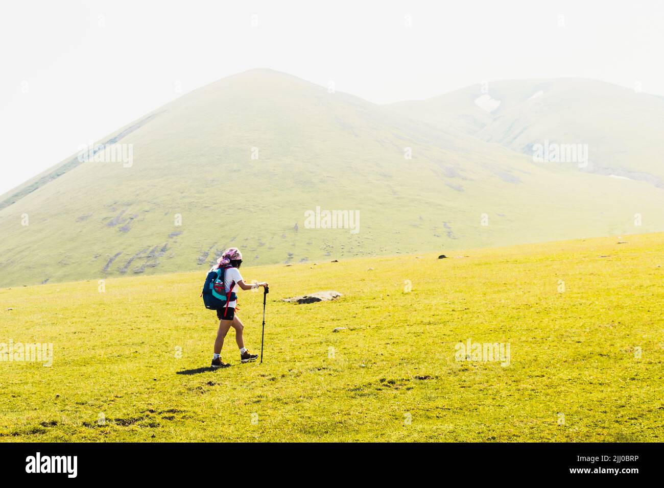 Vista laterale idoneità sportiva escursionista femmina con bastoni nordic walk andare in salita nel sentiero verde escursioni in caucasica montagne. Attività ricreative e sano l Foto Stock