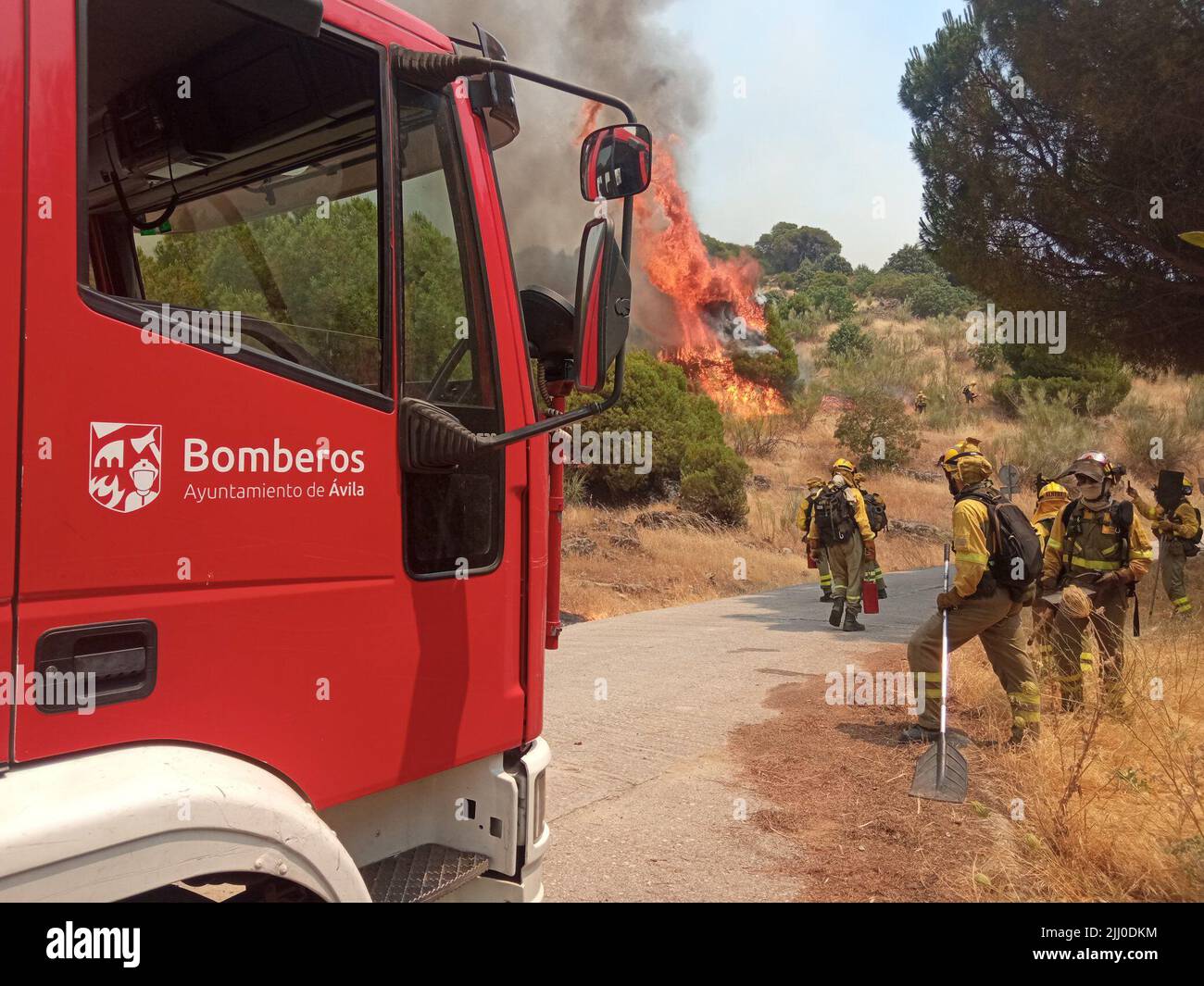 (220721) -- CEBREROS (SPAGNA), 21 luglio 2022 (Xinhua) -- i pompieri lavorano nei pressi di un incendio a Cebreros, Castilla y Leon, Spagna, il 21 luglio 2022. In Spagna, l'ondata di caldo ha portato il rischio di incendi boschivi a livelli 'estremi' e 'molto alti' in quasi tutte le parti del paese. La Spagna ha subito oltre 250 incendi boschivi nel 2022, che hanno bruciato oltre 90.000 ettari di terreno, superando le perdite registrate nel 2021. (Junta de Castilla y Leon/Handout via Xinhua) Foto Stock