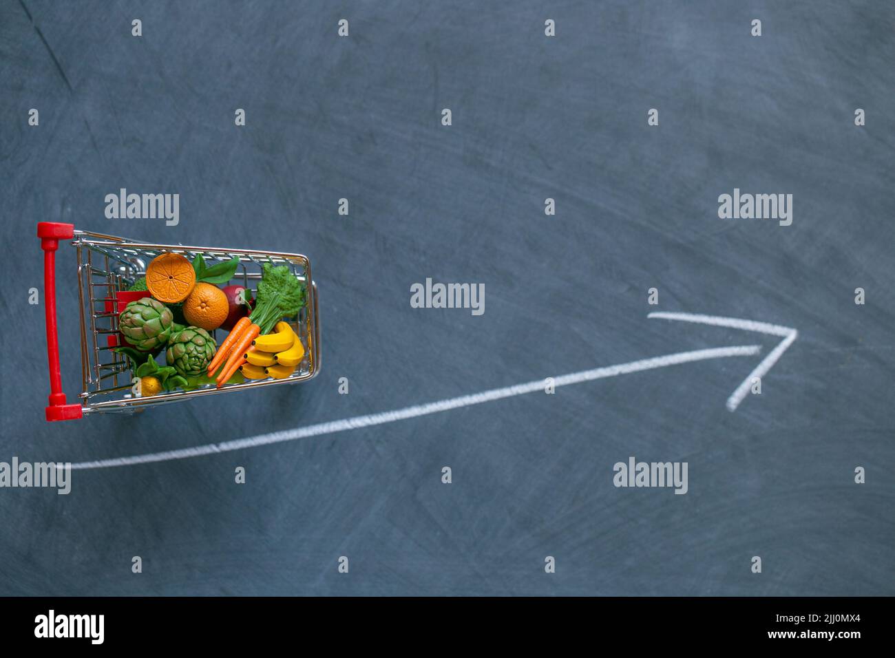 Cibo Crisis.Rising prezzi alimentari. Aumento del prezzo del cesto della drogheria. Carrello del supermercato con generi alimentari e freccia su Foto Stock