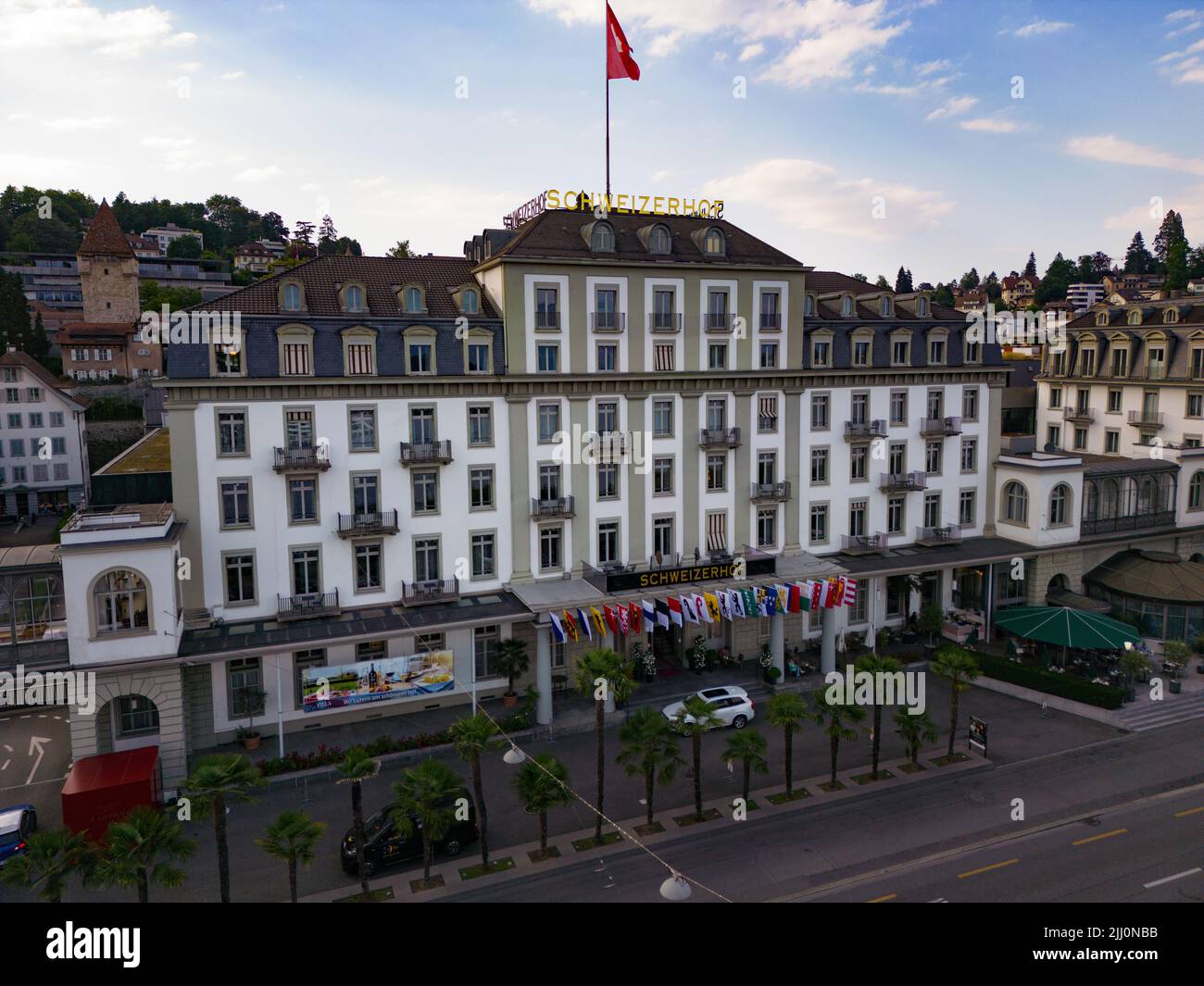 Famoso hotel Schweizerhof nella città di Lucerna in Svizzera Foto Stock